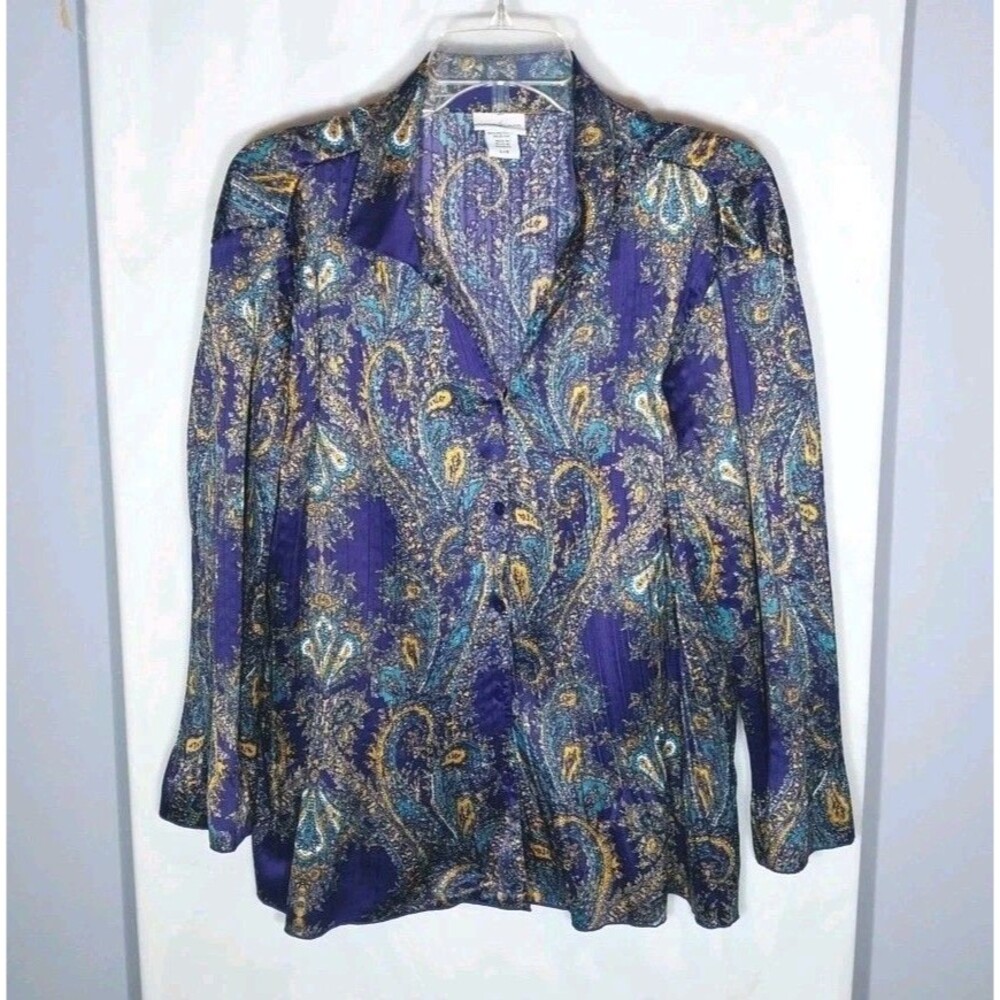 Vintage 90s Paisley Crinkle Blouse Womens L Purple Boho Bell Sleeve Festival Top